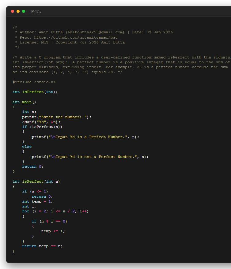 Write a C program that includes a user-defined function named isPerfect with the signature  int isPerfect(int num);. A perfect number is a positive integer that is equal to the sum of  its proper divisors, excluding itself. For example, 28 is a perfect number because the sum  of its divisors (1, 2, 4, 7, 14) equals 28.
